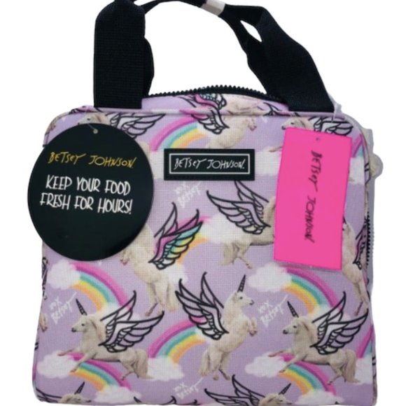 Betsey Johnson Insulated Purple Unicorns Pegasus & Rainbow Clouds Lunch Tote - Picture 1 of 8